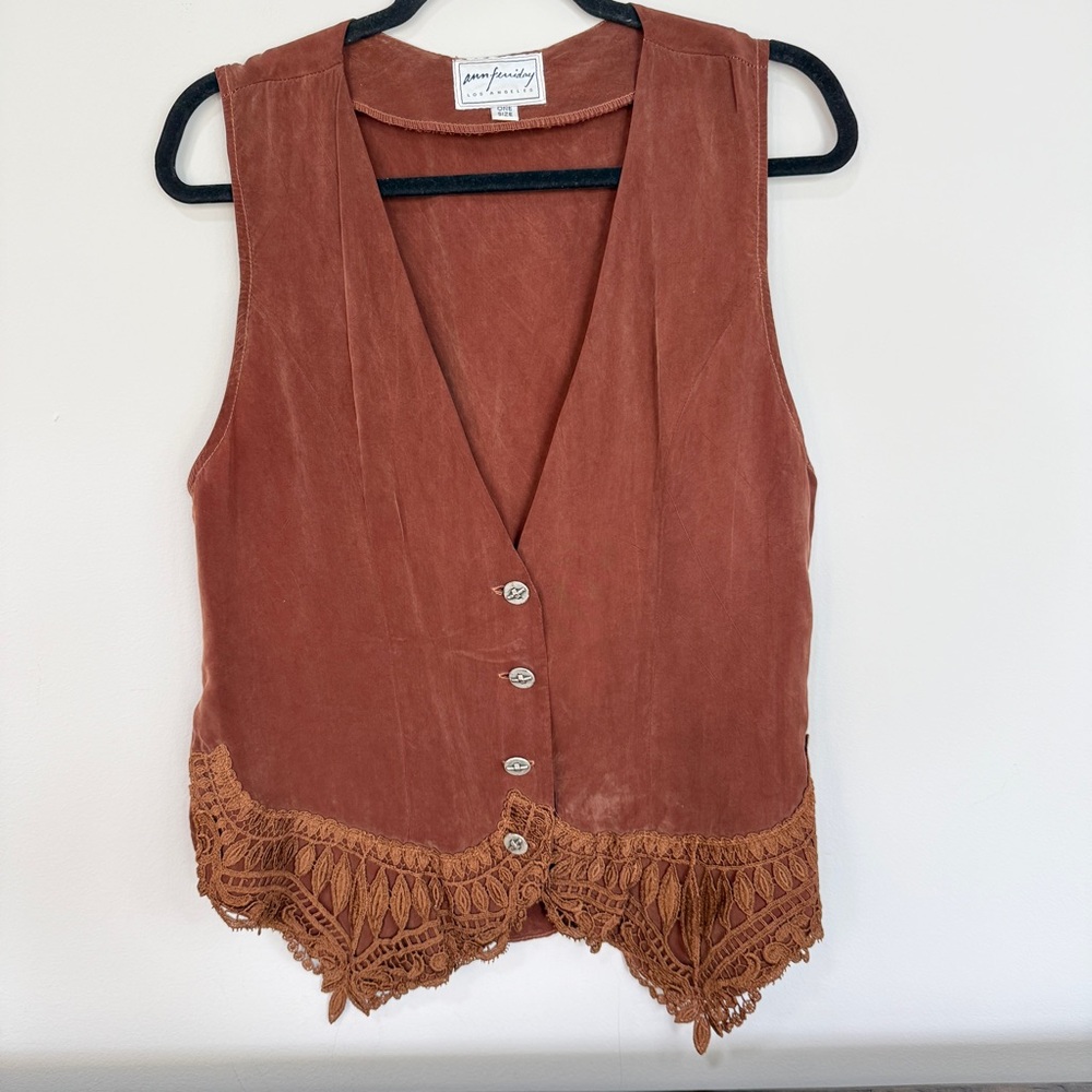 Ann Ferriday Brown Boho Festival Gypsy Crochet Lace Vest Women’s One Size